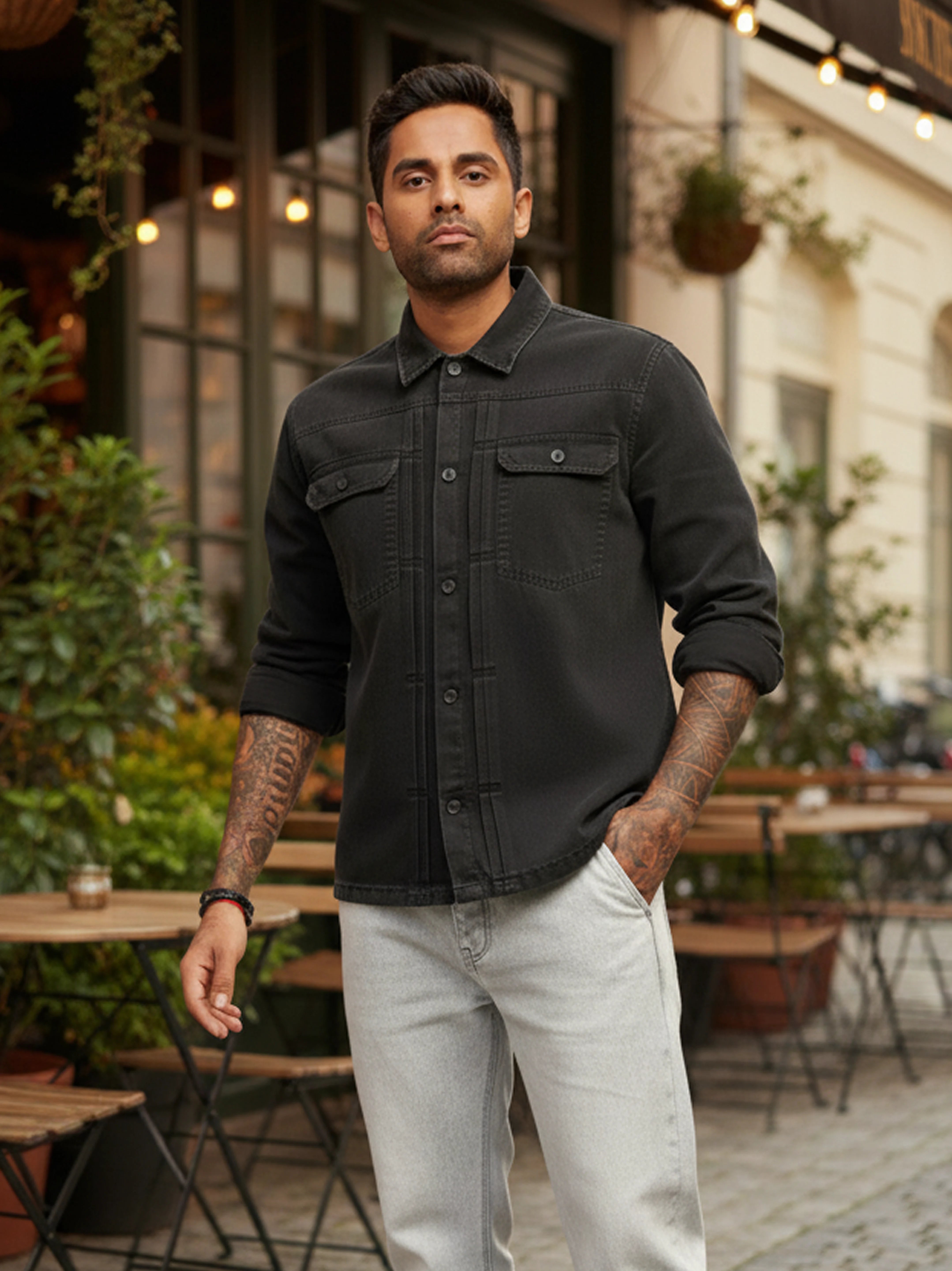 Men's Black Regular Fit Solid Vintage Shirt