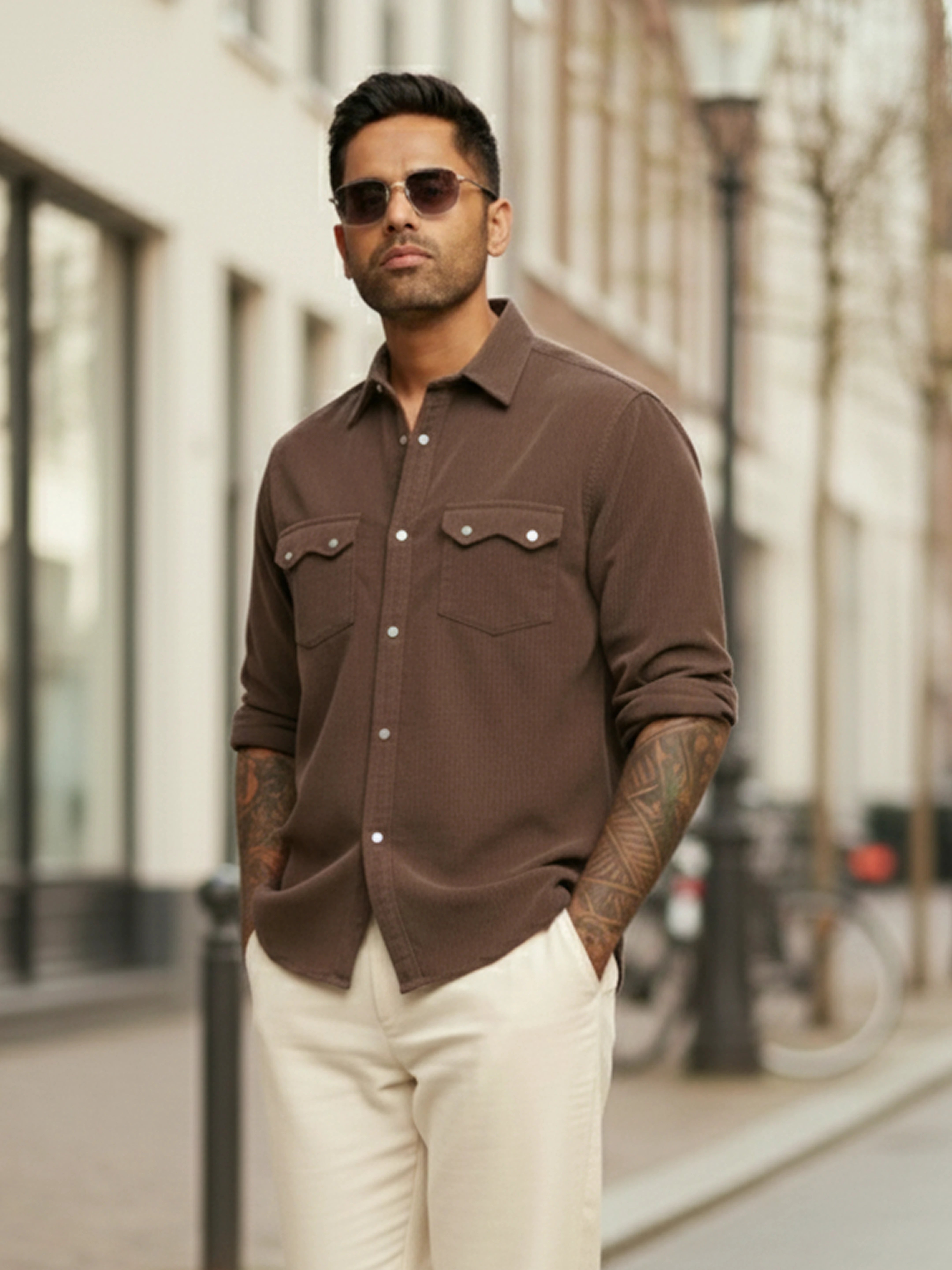 Men's Brown Regular Fit Embroided Street Shirt