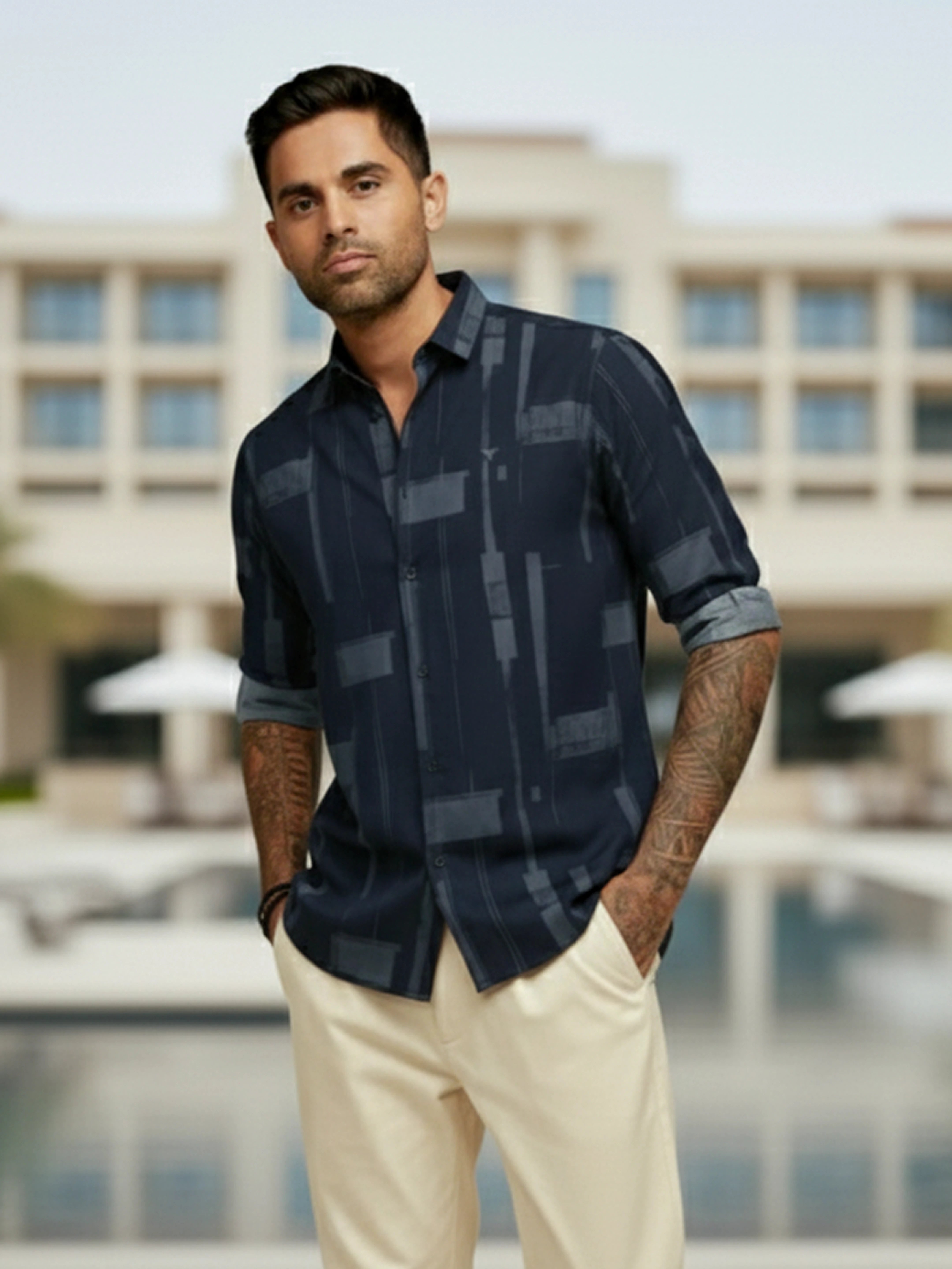 Men's Navy Blue Slim Fit Printed Party Wear Shirt