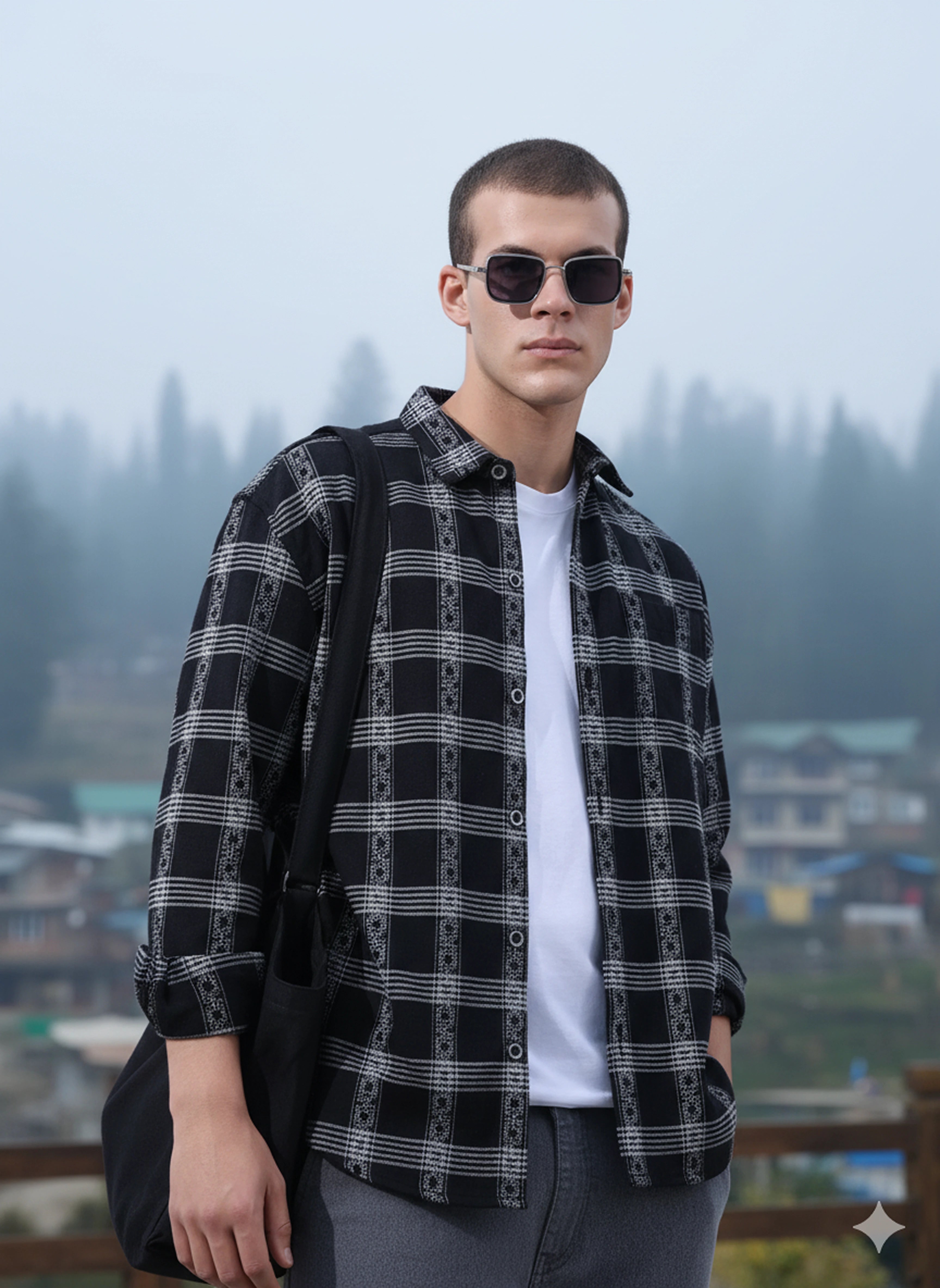Men's Black Relaxed Fit Checked Casual Shirt