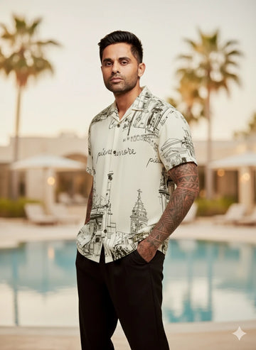 Men's Cream Relaxed Fit Printed Resort Wear Shirt