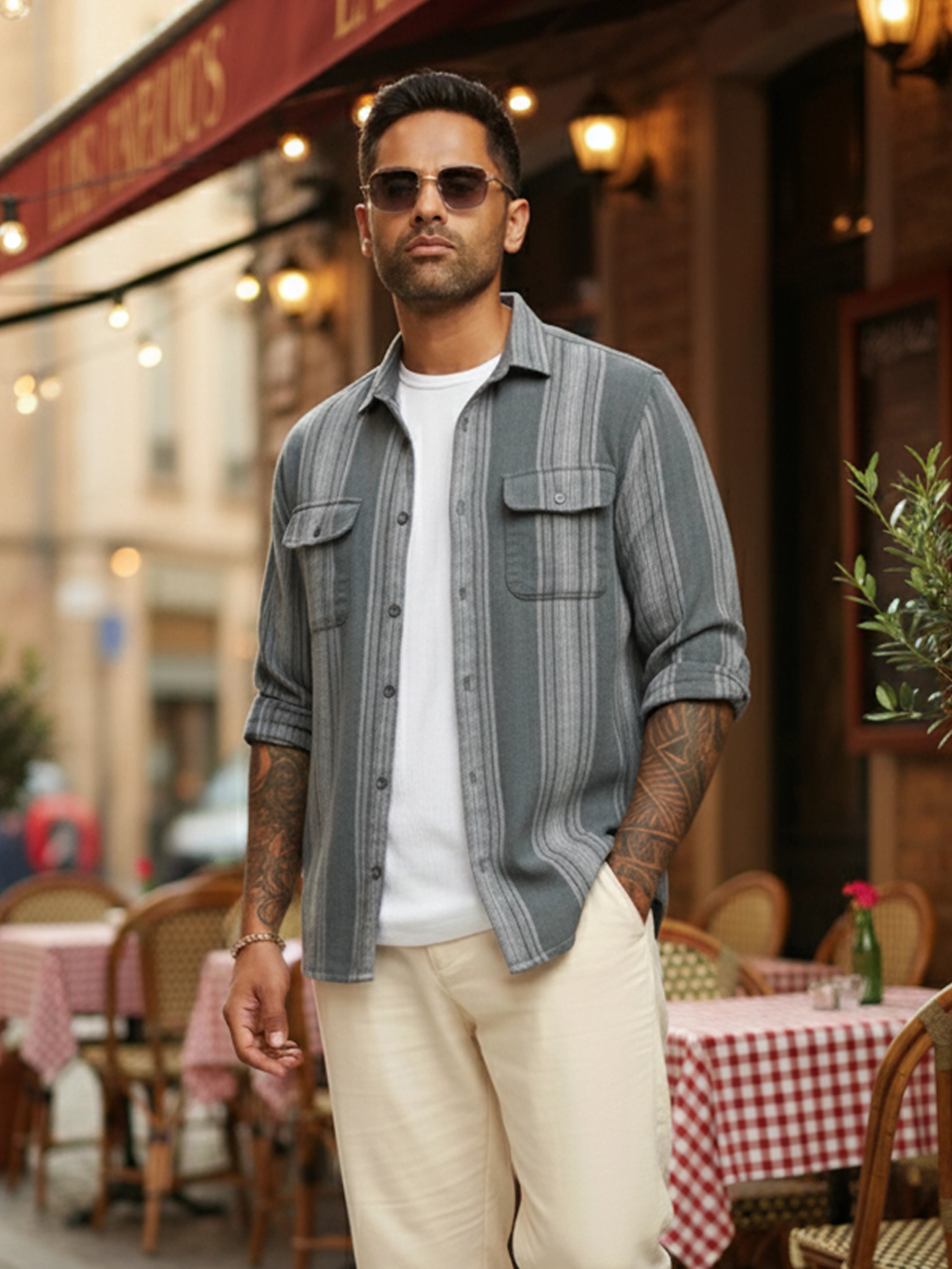 Men's Green Slim Fit Striped Casual Shirt