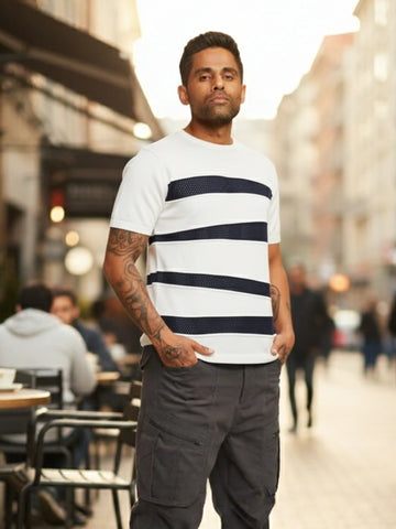 Men's White Slim Fit Colourblocked Flat Knit Polo Collar T-Shirt