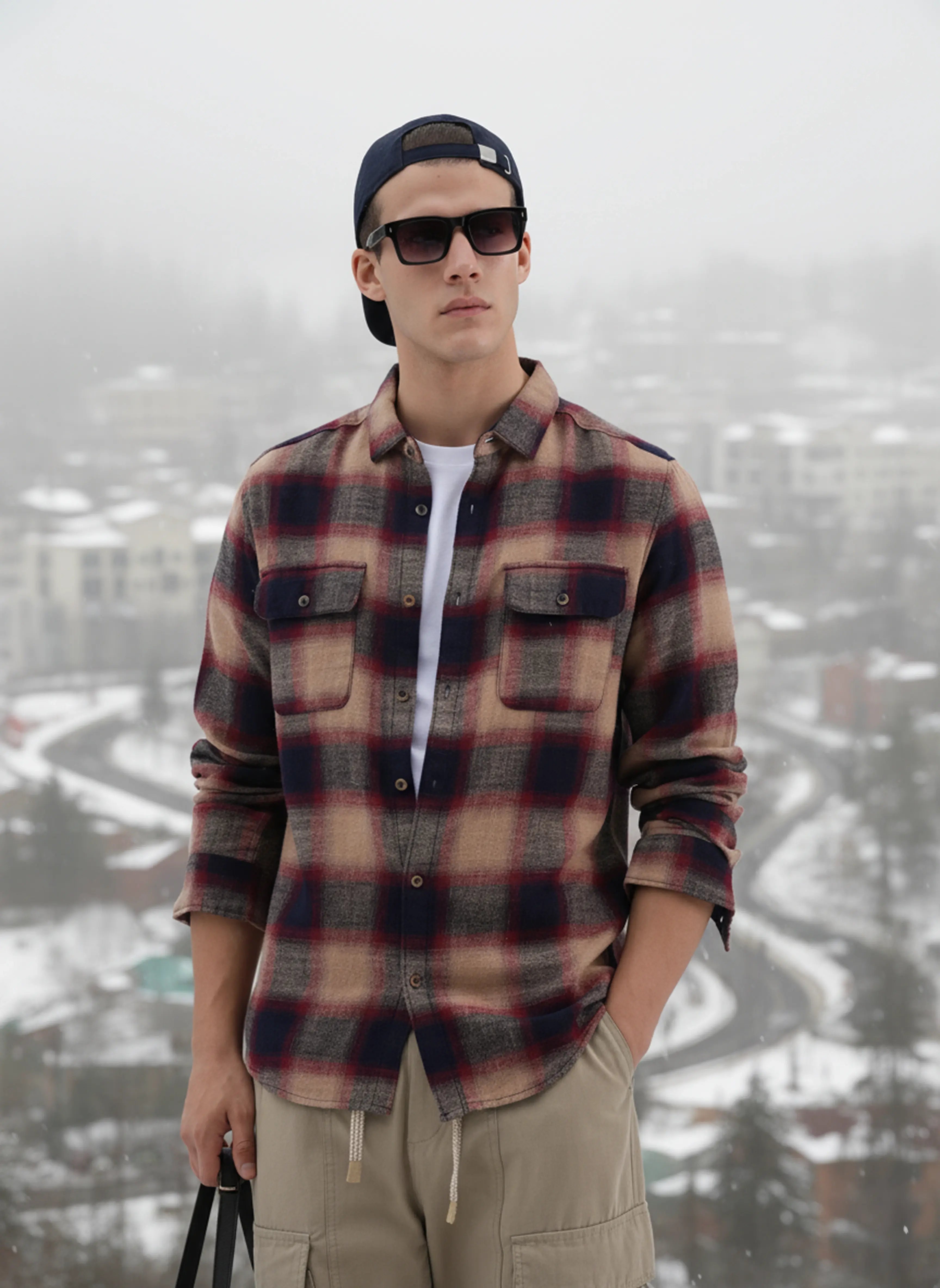 Men's Khaki Slim Fit Checked Casual Shirt