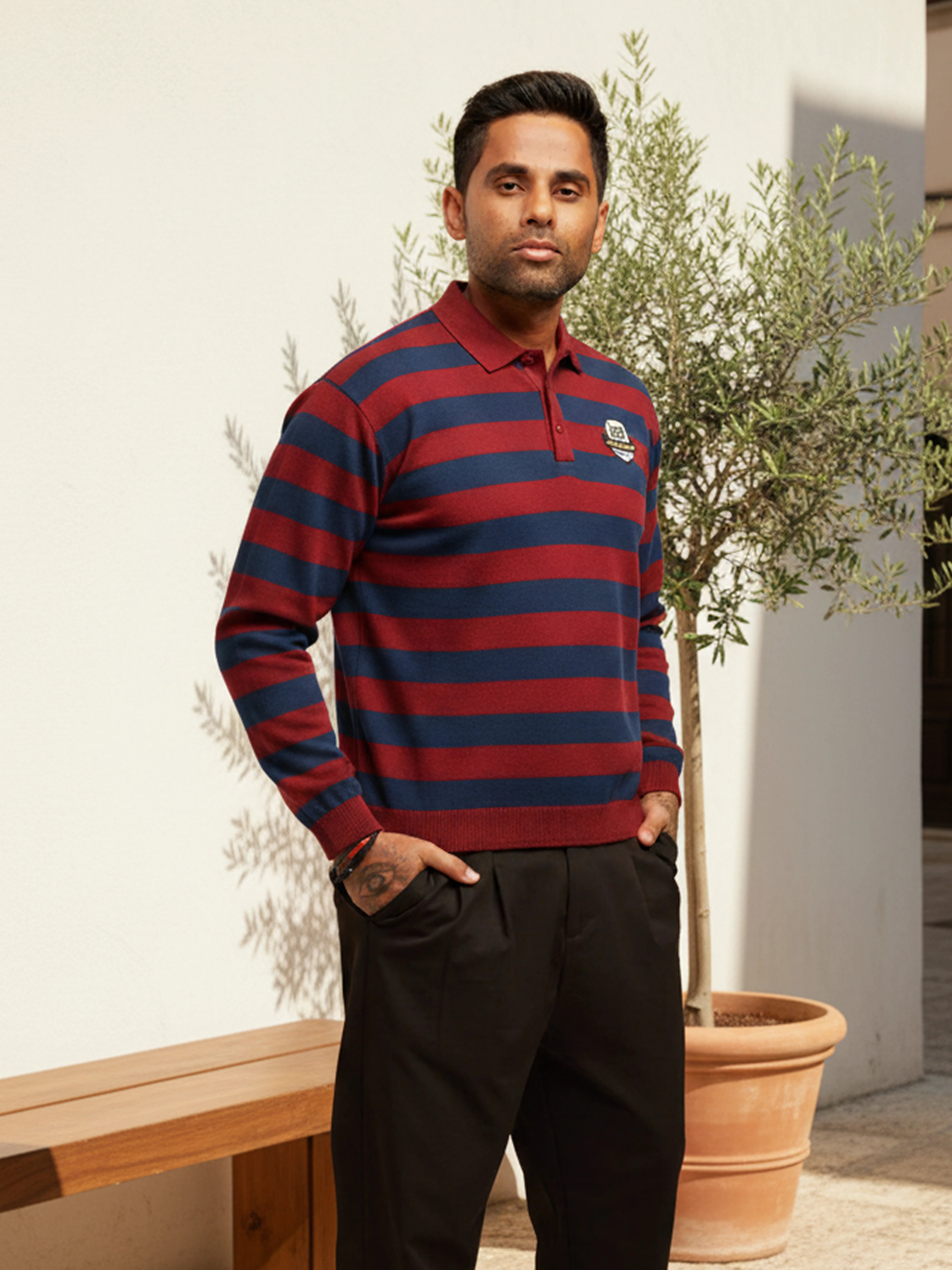 Men's Rust Oversized Fit Striped Flat Knit T-Shirt