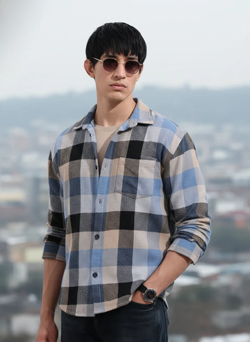 Men's Khaki Relaxed Fit Casual Checkered Shirt