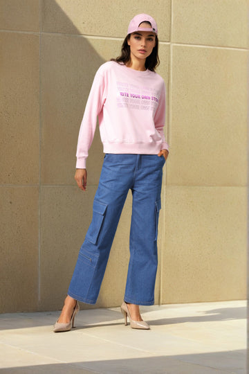 Women's Pink Relaxed Fit Foil Printed Crewneck Sweatshirt
