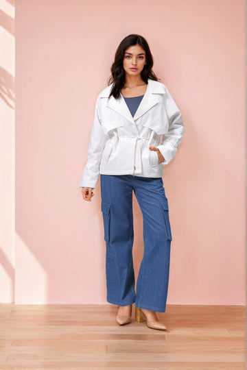 Women's White Regular Fit Solid Trench Coat