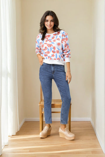 Women's White Relaxed Fit Floral Crewneck Sweatshirt