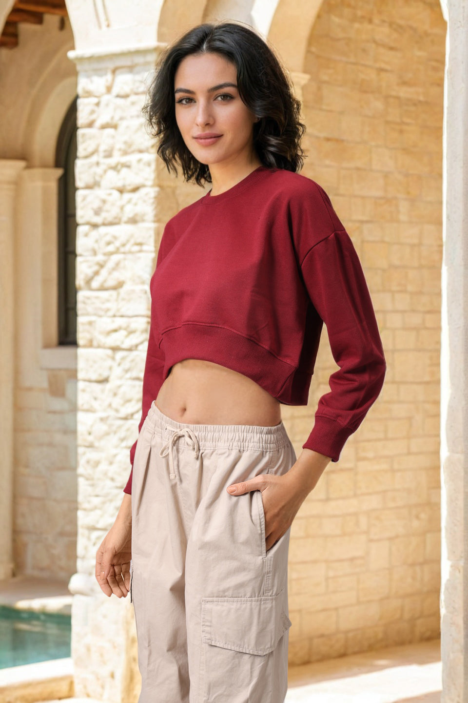 Women's Purple Loose Fit Solid Cropped Sweatshirt