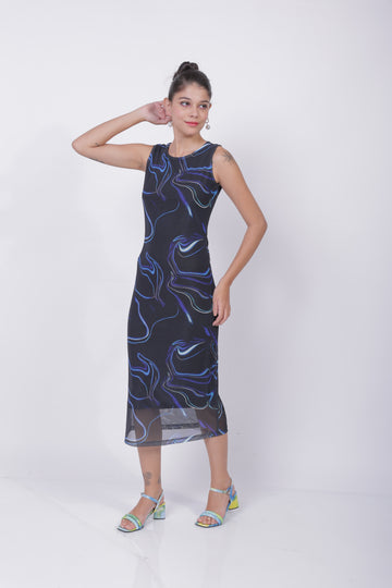 Freehand Blue Fitted Abstract Midi Mesh Dress