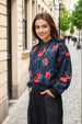 Women's Black Relaxed Fit Floral Hooded Sweatshirt