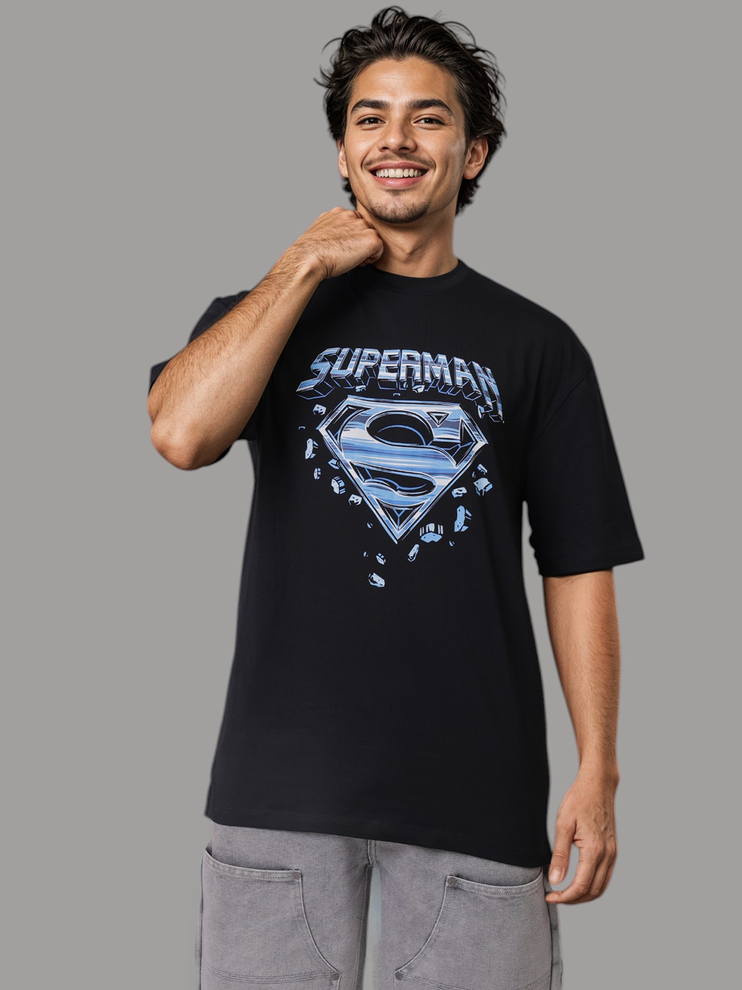 Men's Black Boxy Fit Character Print Crew Neck T-shirt