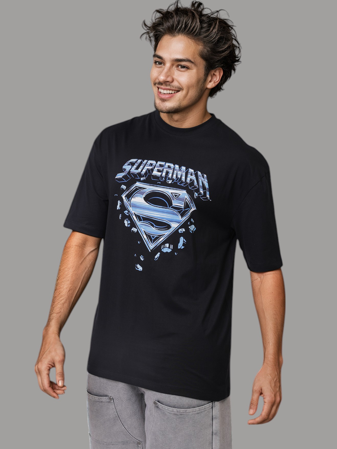 Men's Black Boxy Fit Character Print Crew Neck T-shirt