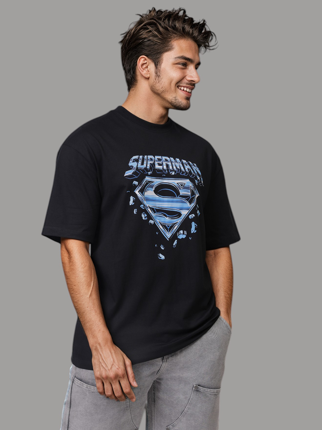 Men's Black Boxy Fit Character Print Crew Neck T-shirt