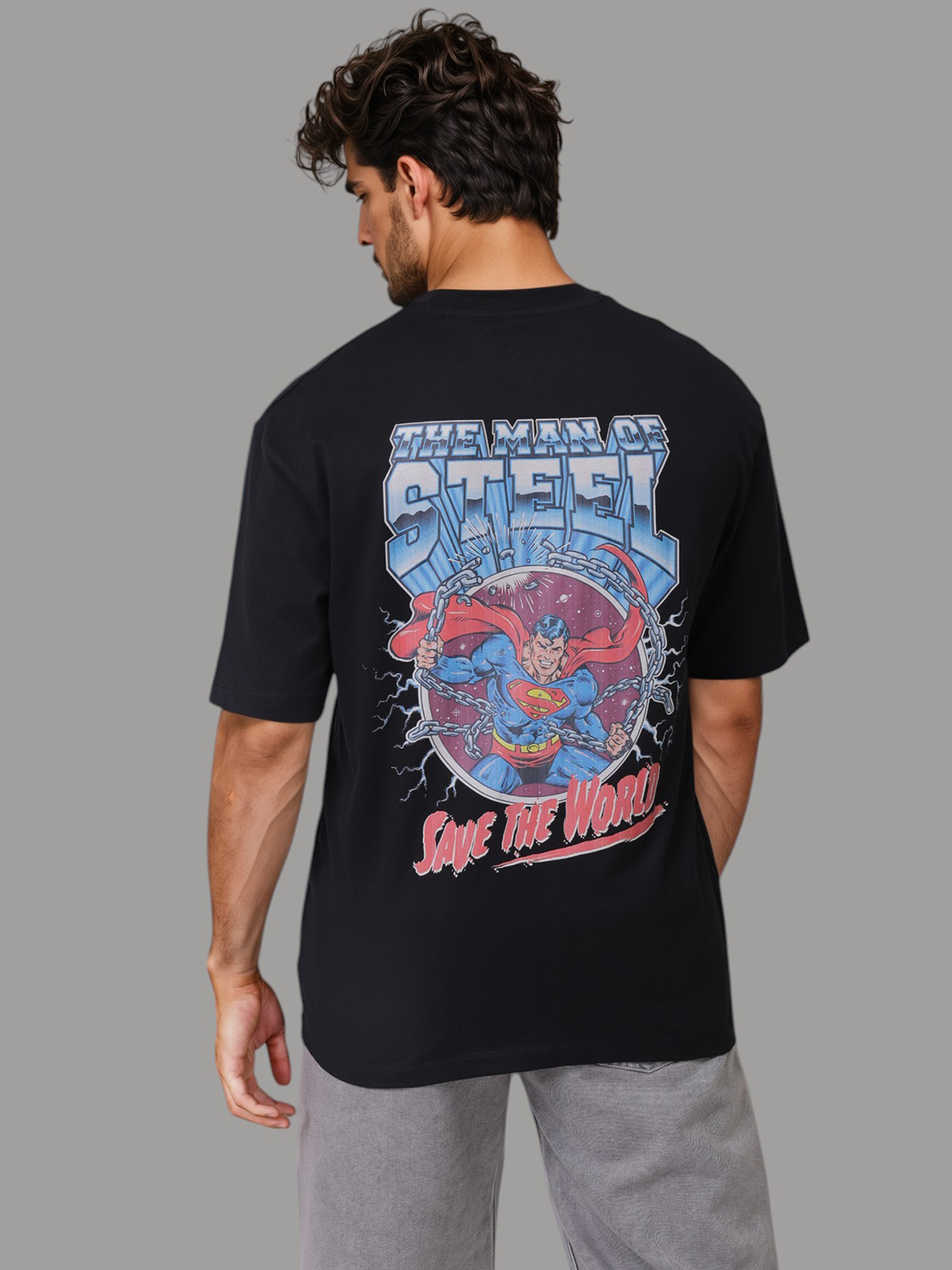 Men's Black Boxy Fit Character Print Crew Neck T-shirt