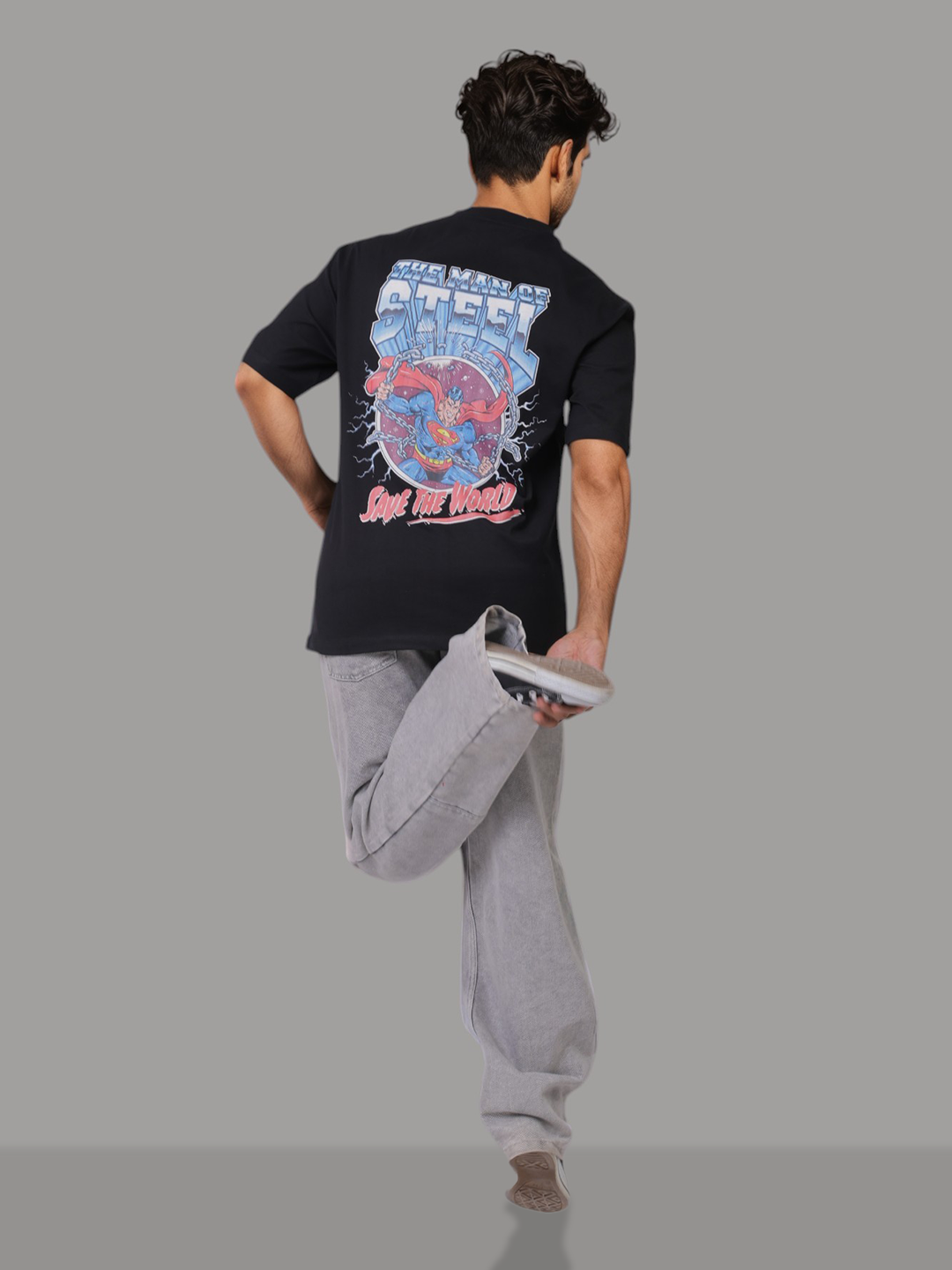 Men's Black Boxy Fit Character Print Crew Neck T-shirt