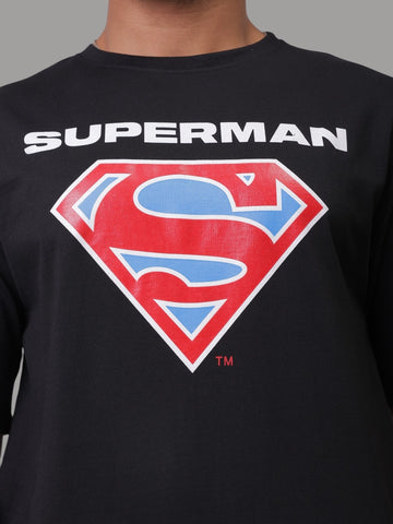 Men's Black Boxy Fit Character Superman Printed Crew Neck T-Shirt
