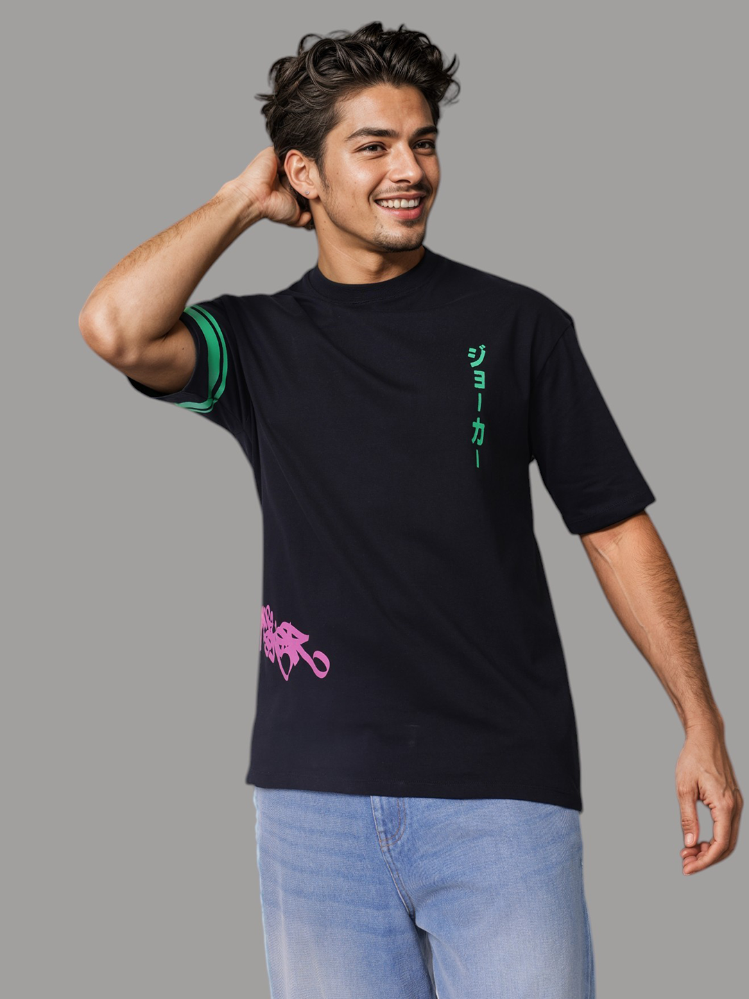 Men's Black Boxy Fit Character Print Crew Neck T-shirt