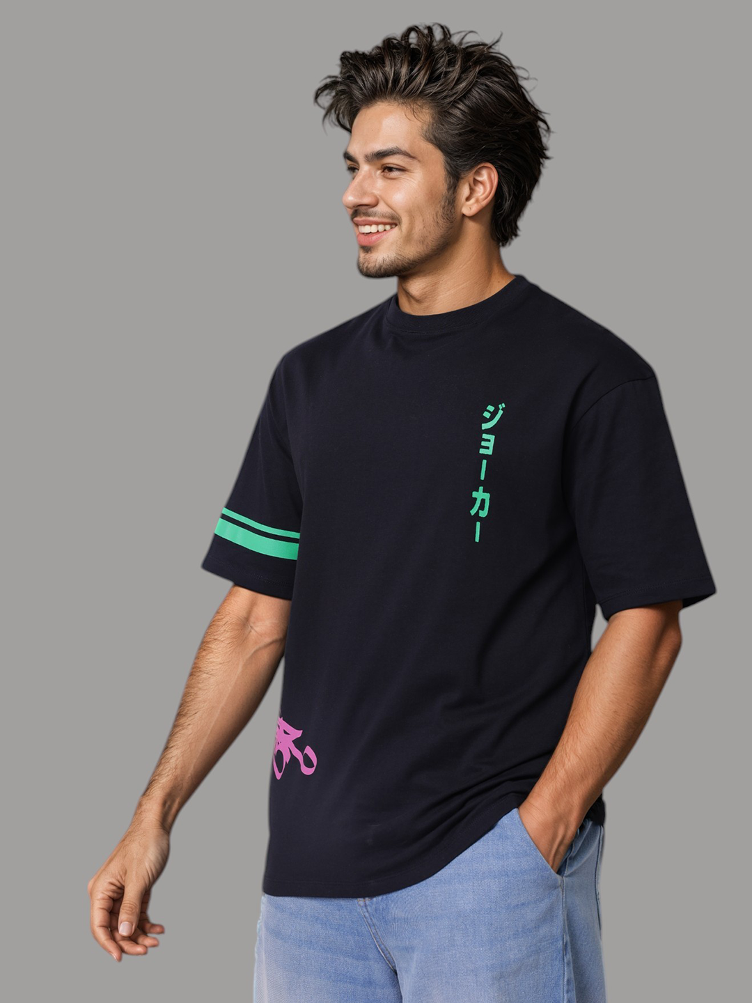 Men's Black Boxy Fit Character Print Crew Neck T-shirt