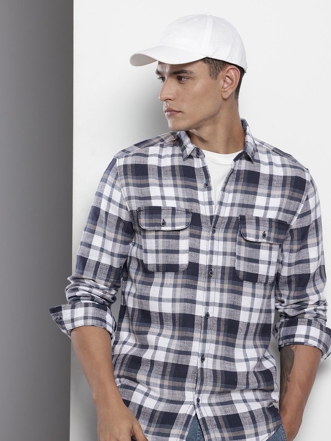 Men's Blue Slim Fit Checked Casual Shirt