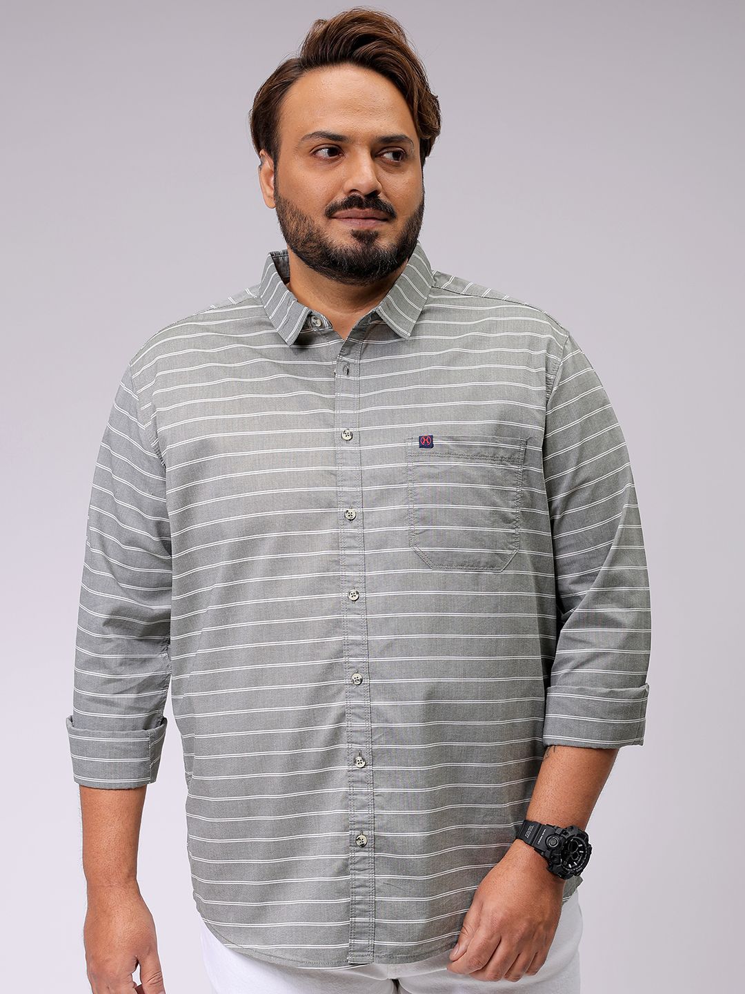 Men's Olive Regular Fit Striped Casual Shirt
