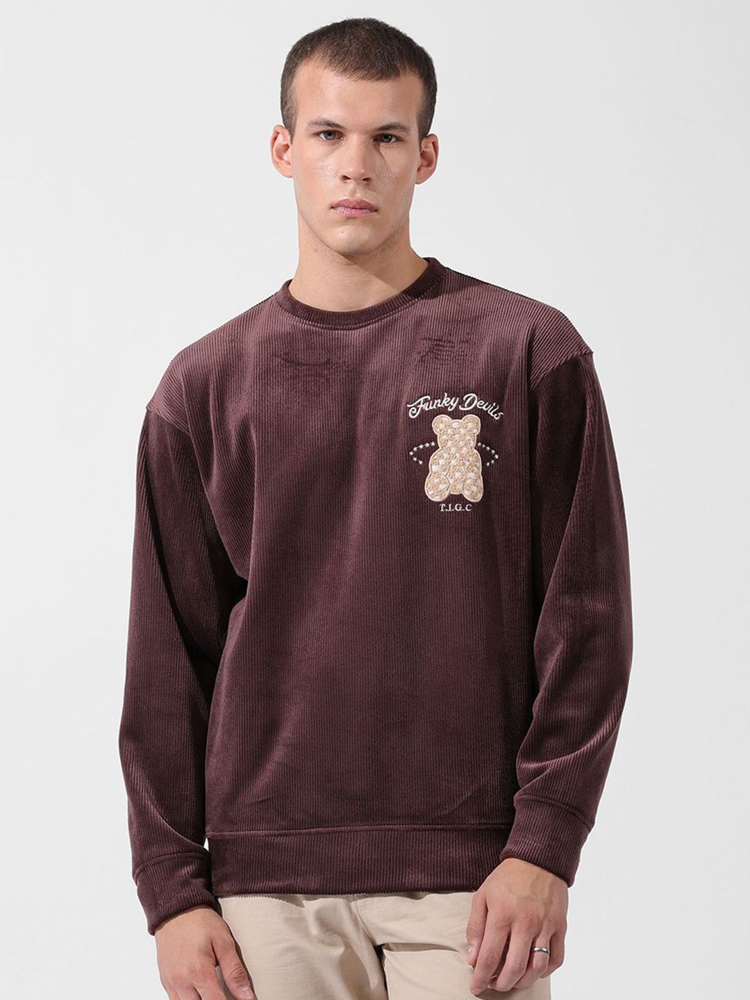Men's Brown Oversized Fit Textured Casual Sweatshirt