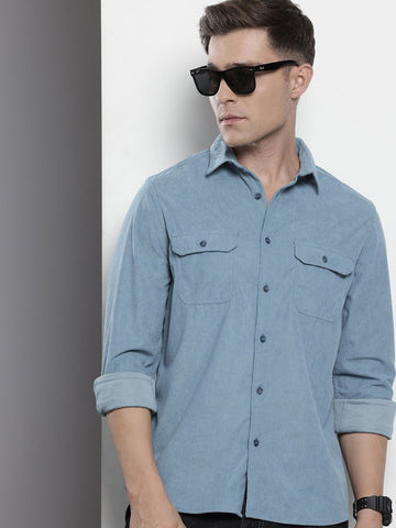 Men's Blue Regular Fit Solid Casual Shirt