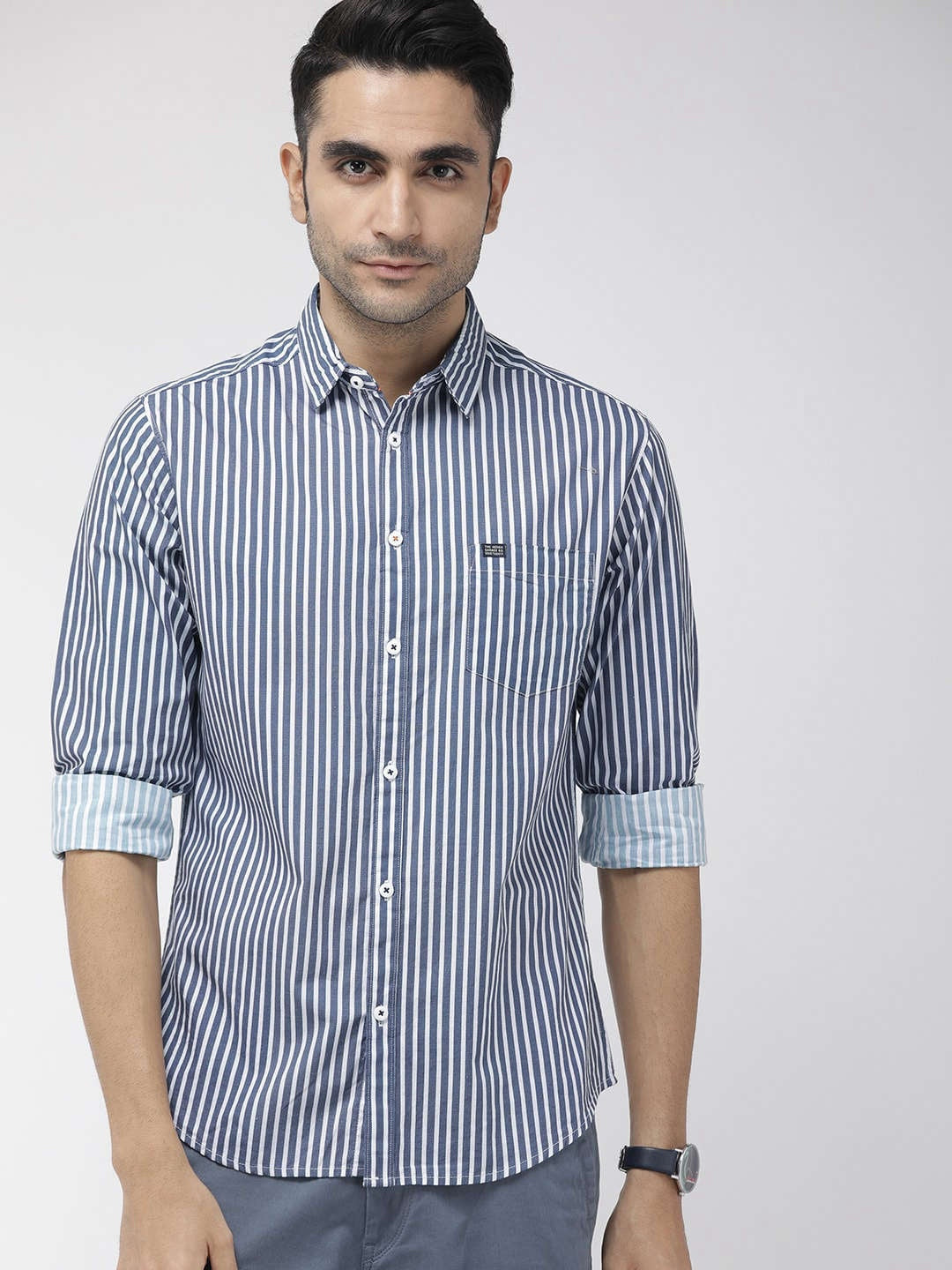 Men's Blue Slim Fit Striped Casual Shirt