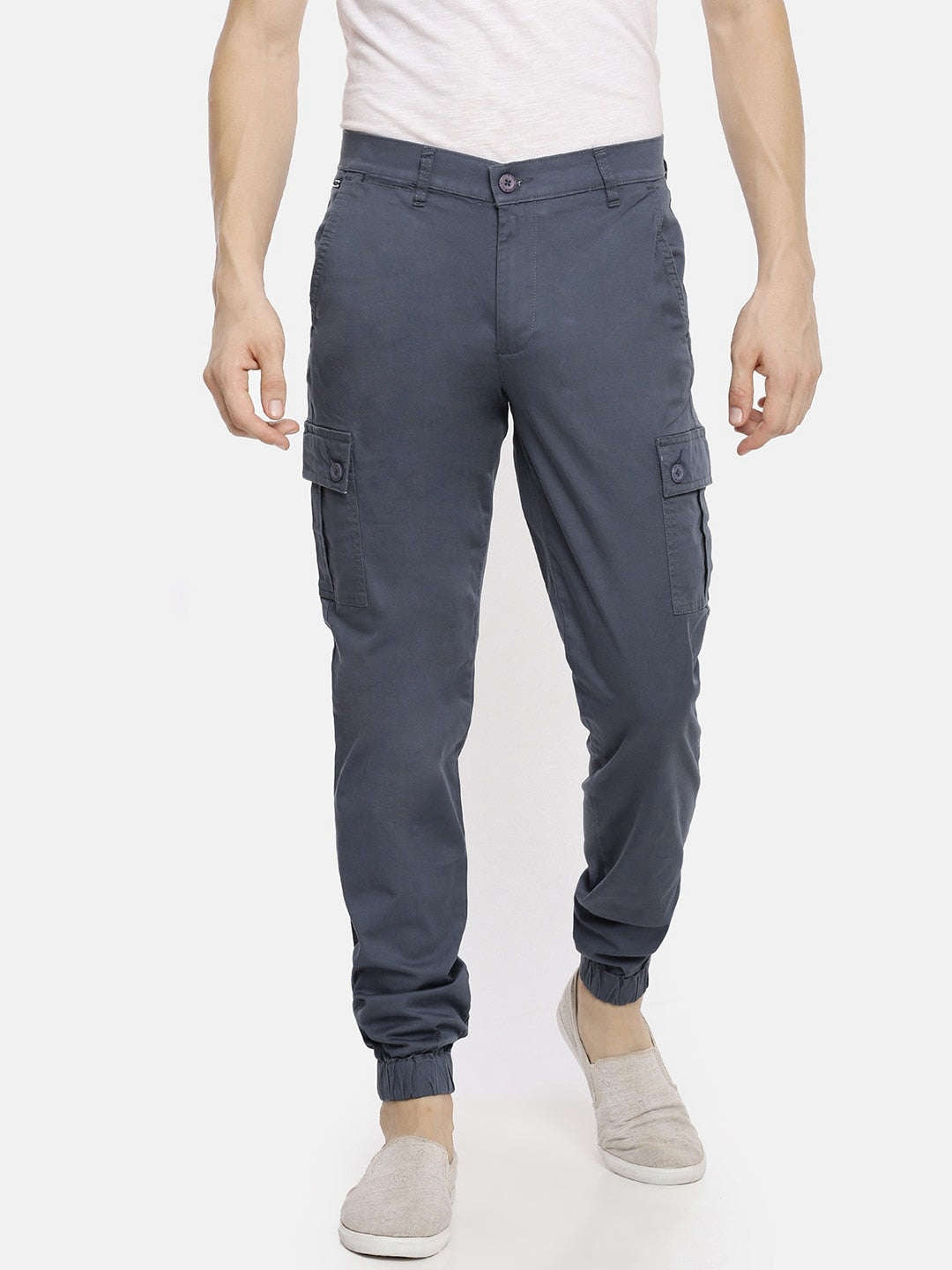 Men's Blue Slim Fit Solid Utility Cargo