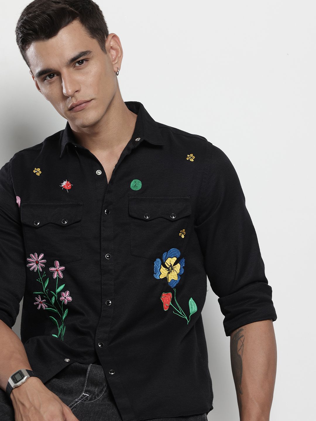 Men's Black Regular Fit Floral Printed Resort Wear Shirt