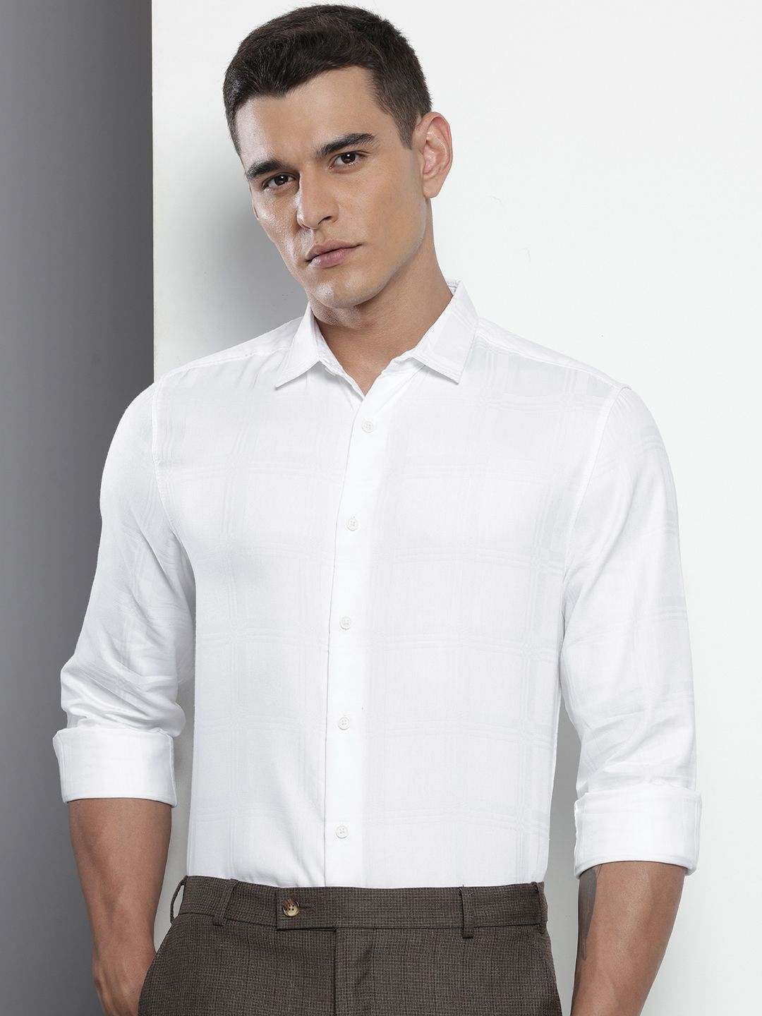 Men's White Slim Fit Textured Party Wear Shirt
