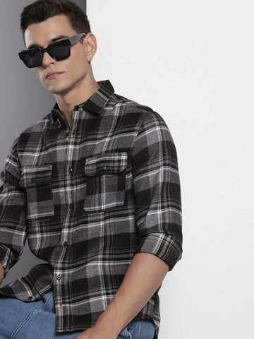 Men's Black Slim Fit Checked Casual Shirt