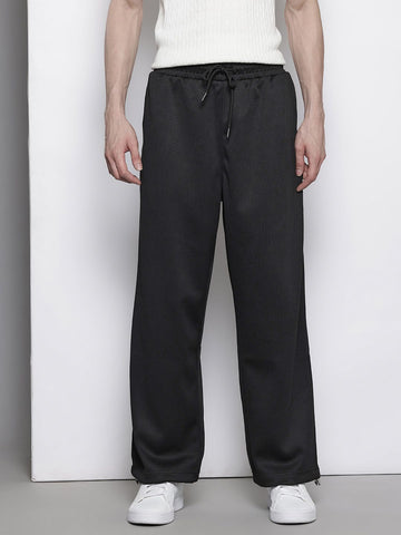 Men's Black Self Design Relax Wide Leg Fit Joggers