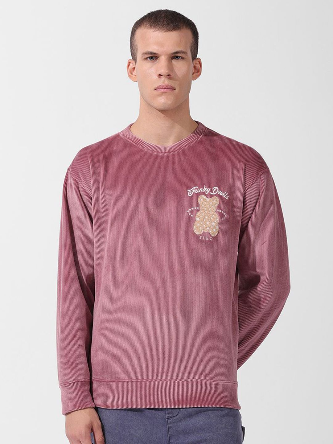 Men's Brown Oversized Fit Textured Casual Sweatshirt