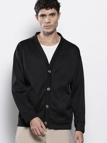 Men's Black Oversized Fit Textured Casual Sweatshirt