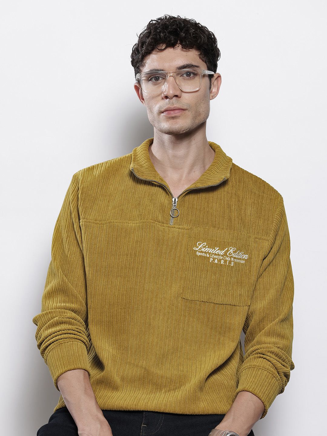 Men's Yellow Relaxed Fit Textured Street Sweatshirt