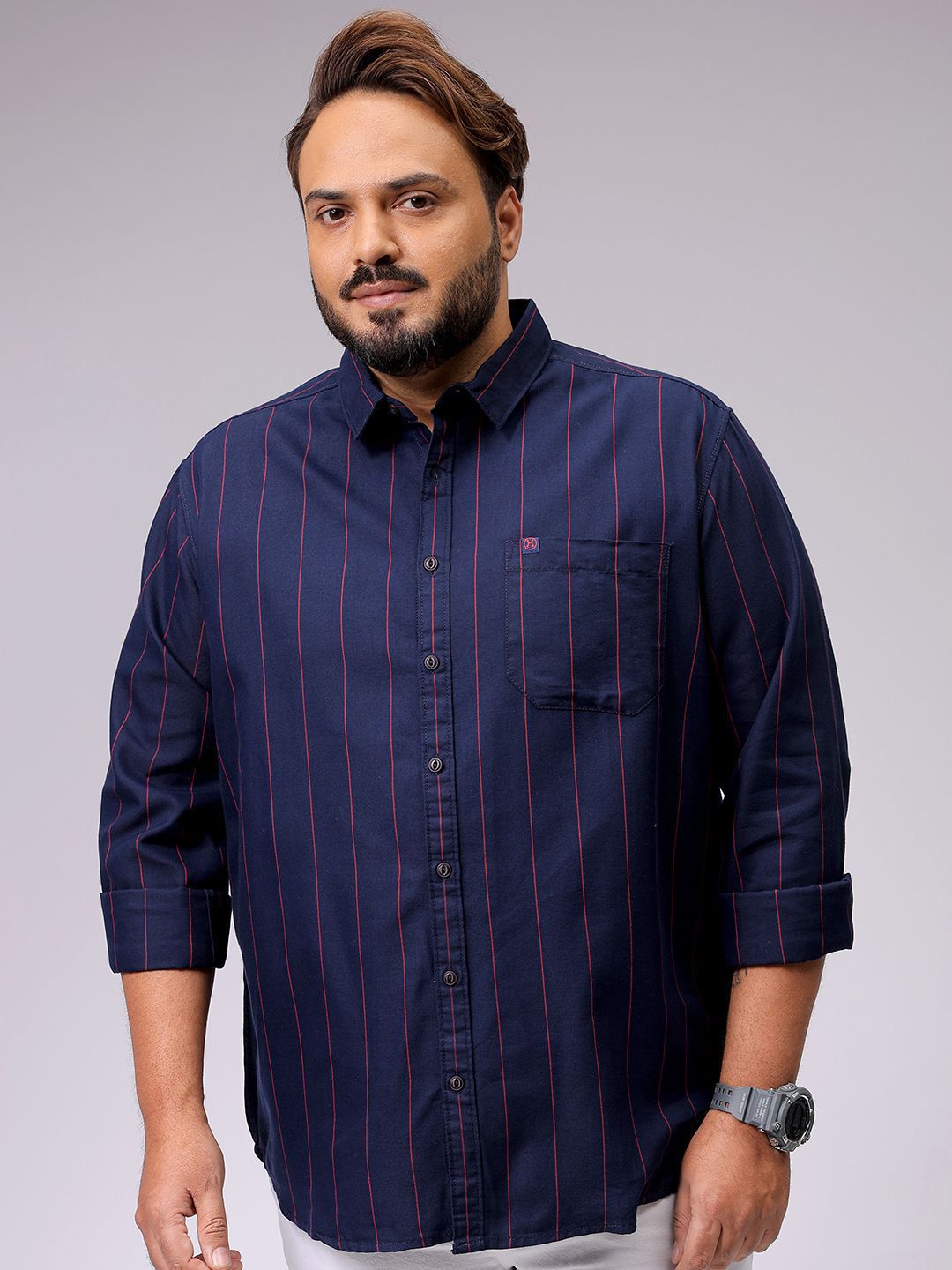Men's Navy Regular Fit Striped Casual Shirt
