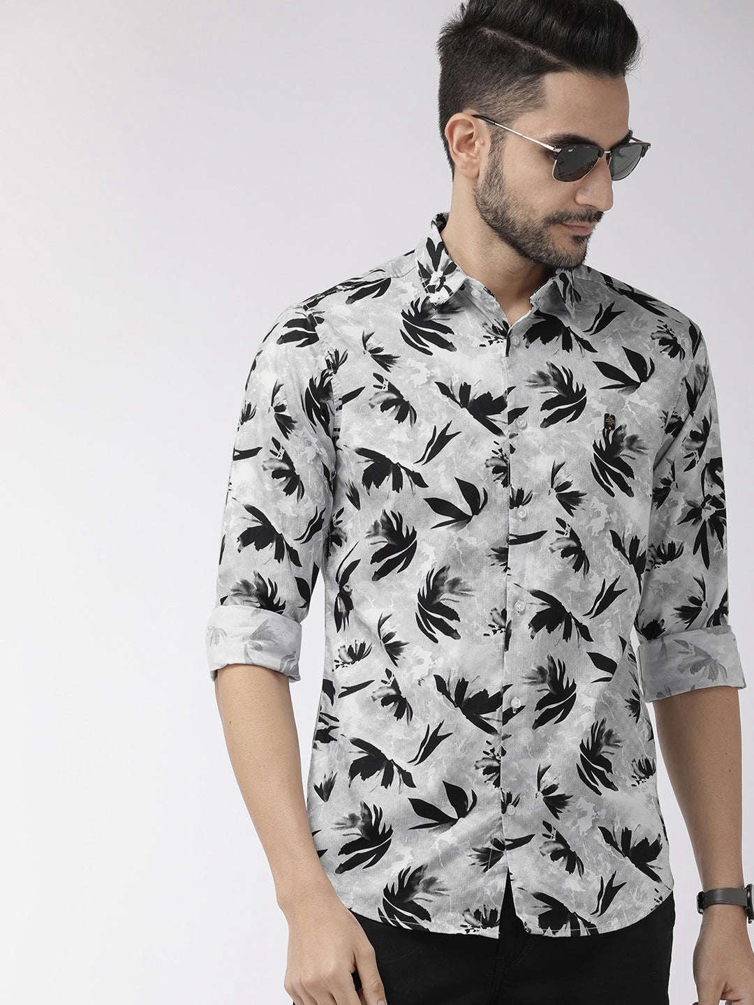 Men's Grey Slim Fit Printed Casual Shirt
