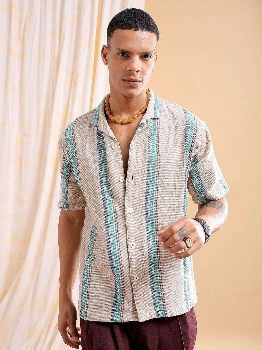 Men's White Relaxed Fit Striped Casual Shirt