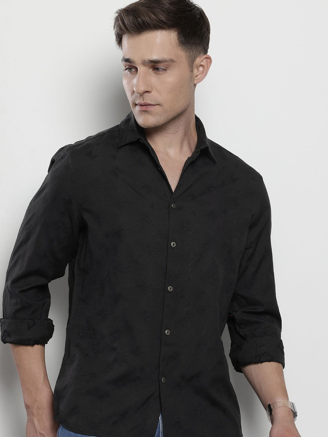 Men's Black Regular Fit Textured Textured Shirt