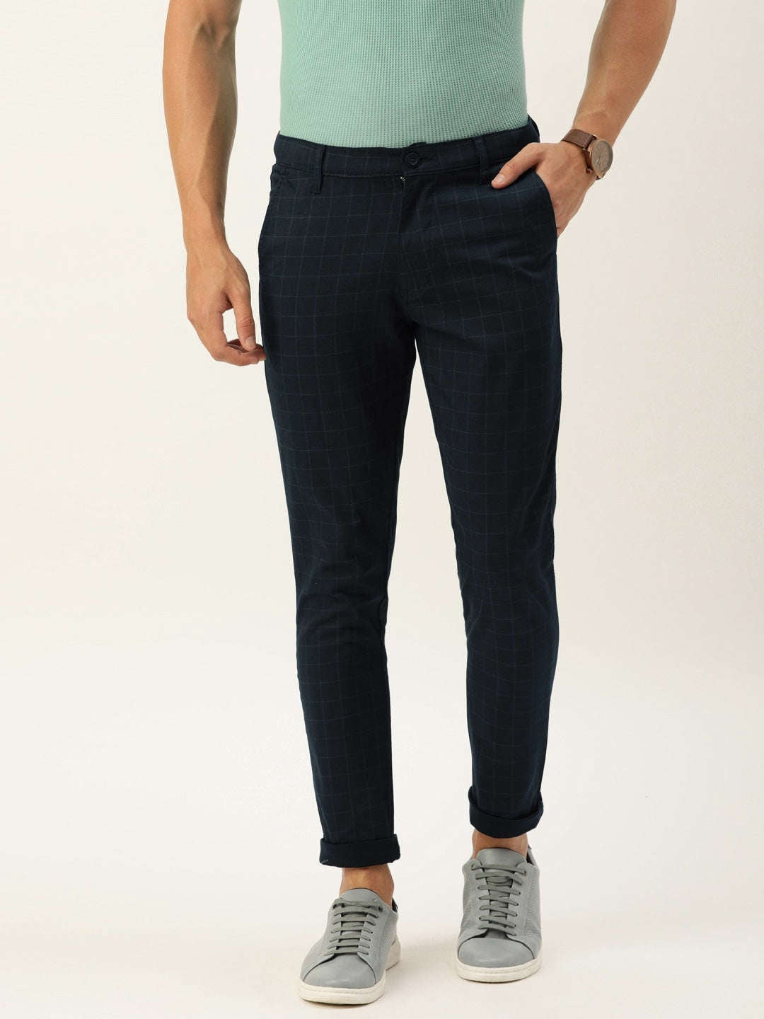 Men's Navy Slim Fit Checkered Chino