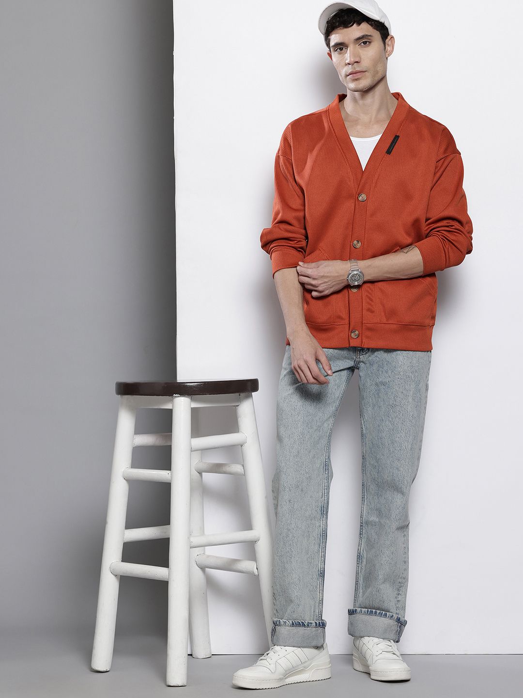 Men's Rust Oversized Fit Textured Casual Sweatshirt