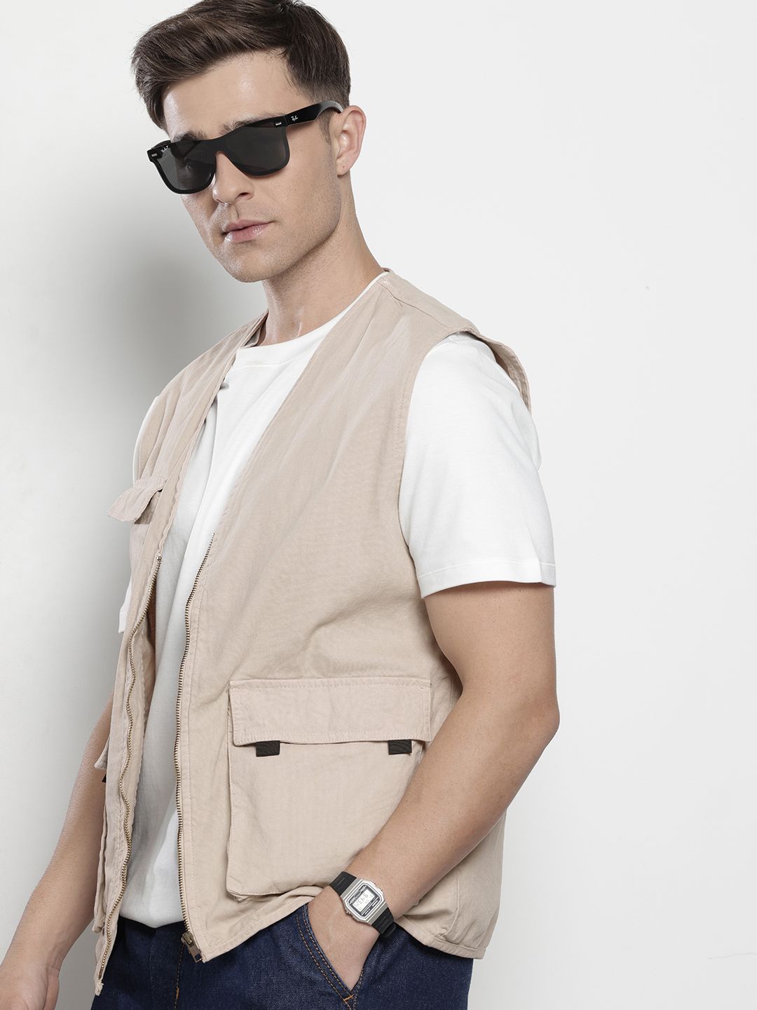 Men's Khaki Regular Fit Solid Utility Jacket