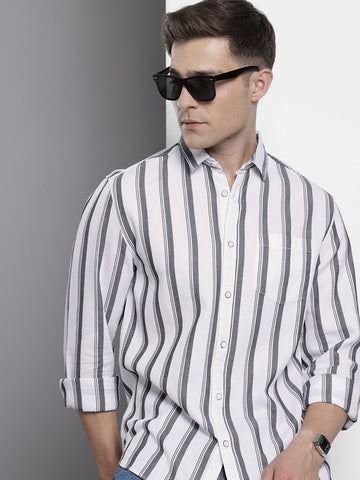 Men's White Slim Fit Striped Casual Shirt