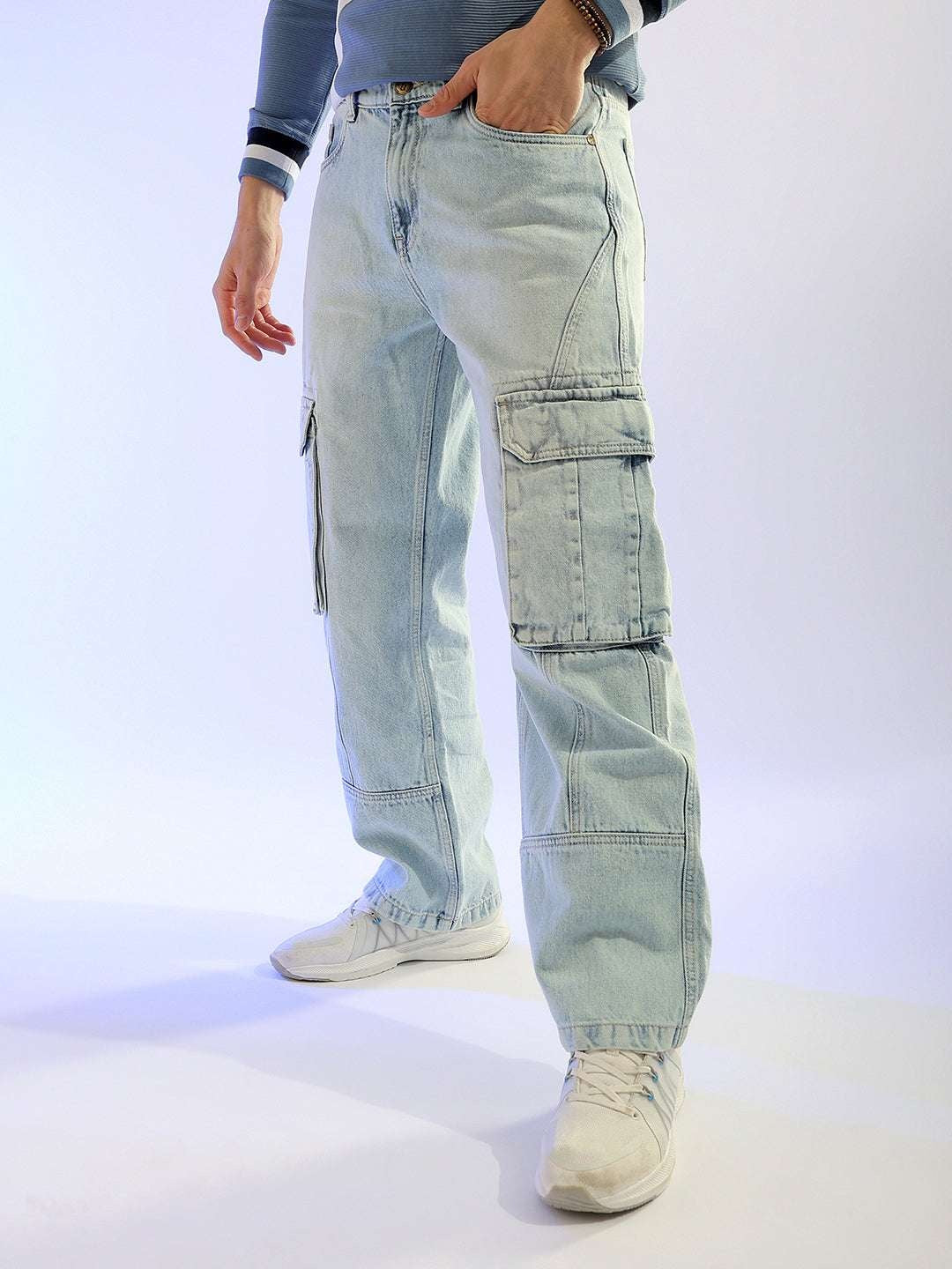 Men's Blue Relaxed Fit Distressed Mid-Rise Cargo Denim
