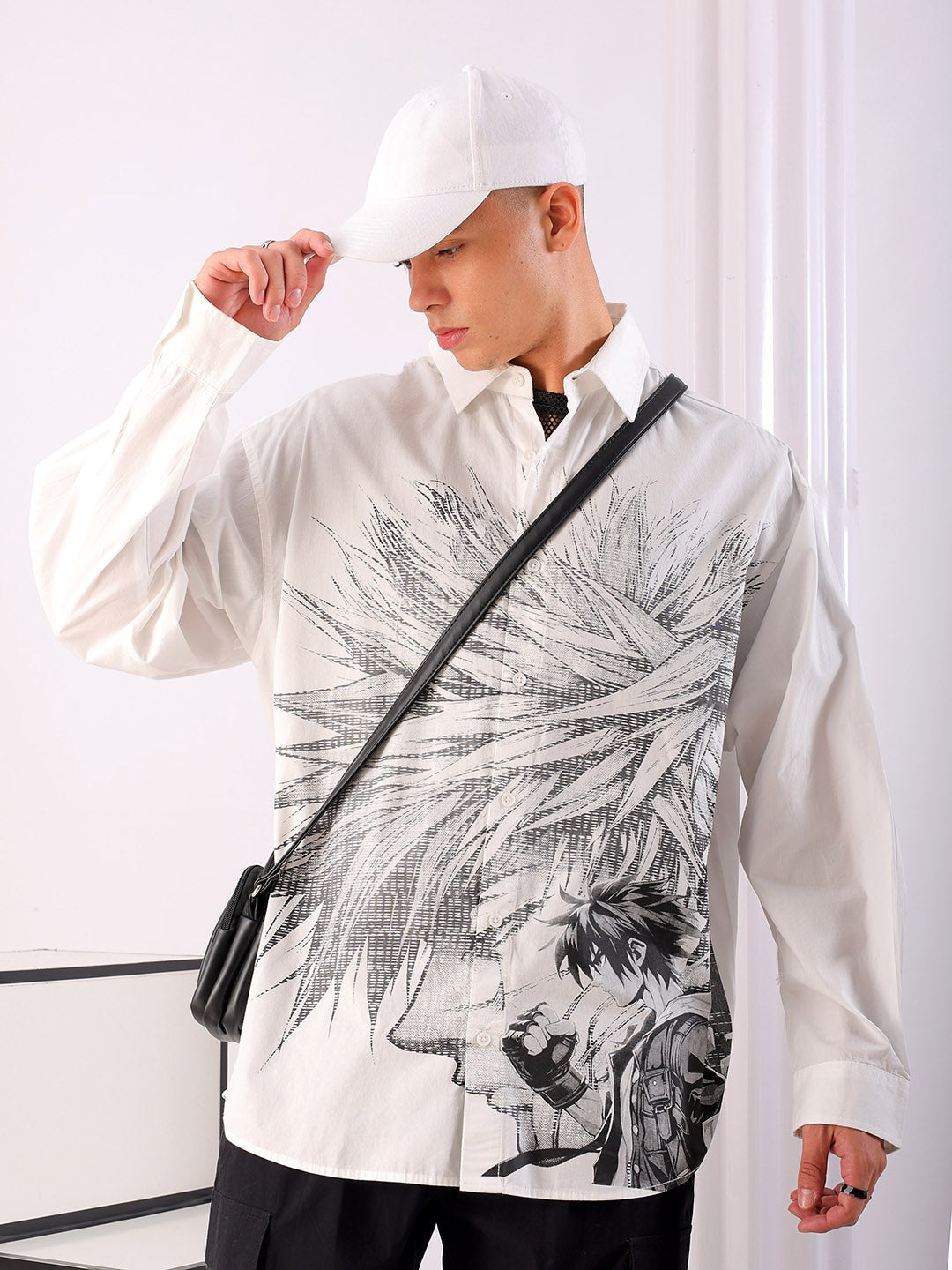 Men's White Oversized Fit Graphic Printed Korean Street Shirt