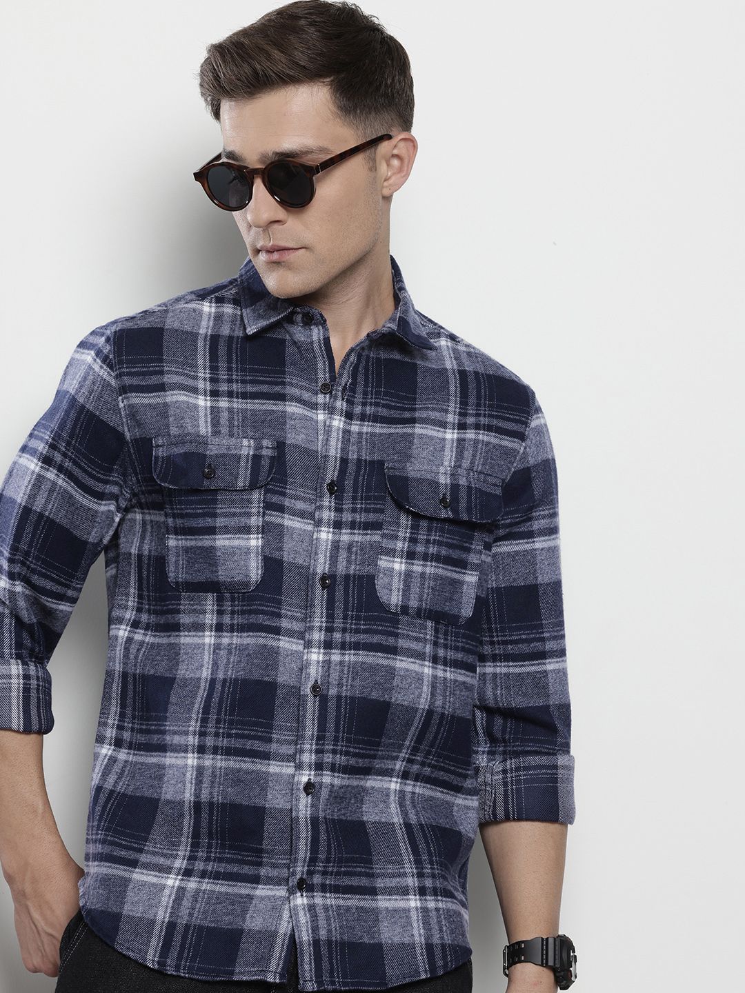 Men's Blue Slim Fit Checked Casual Shirt