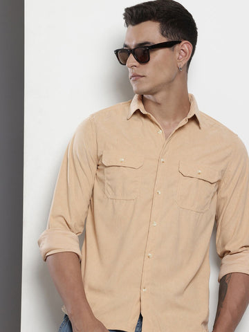 Men's Beige Regular Fit Solid Casual Shirt