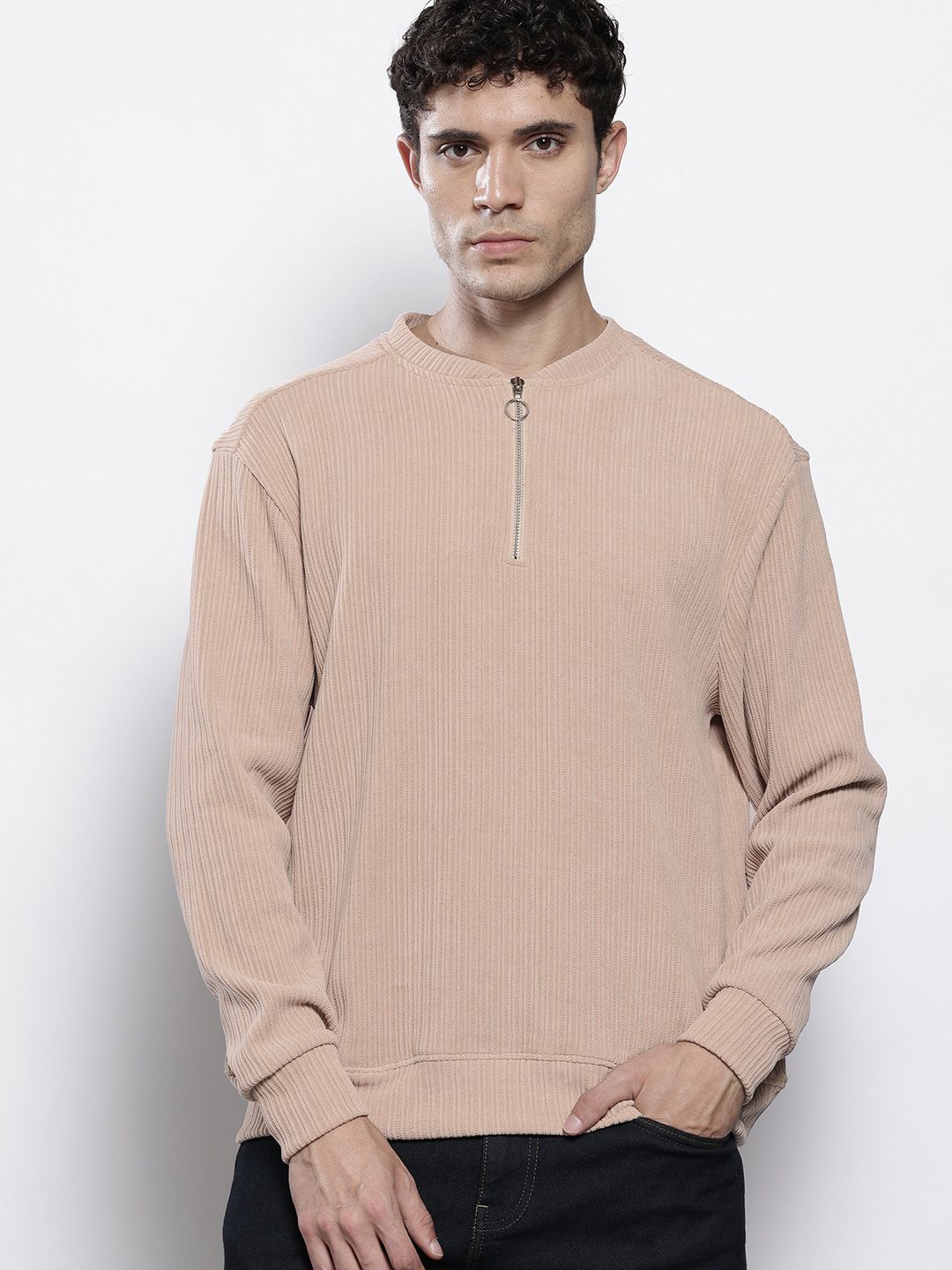 Men's Beige Relaxed Fit Textured Street Sweatshirt